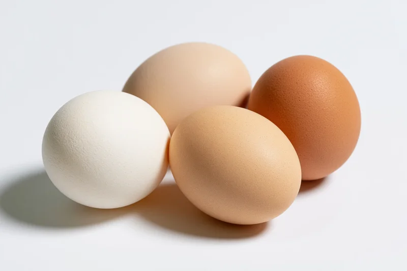 Four chicken eggs arranged loosely together on a white surface, varying in shell color from white to brown