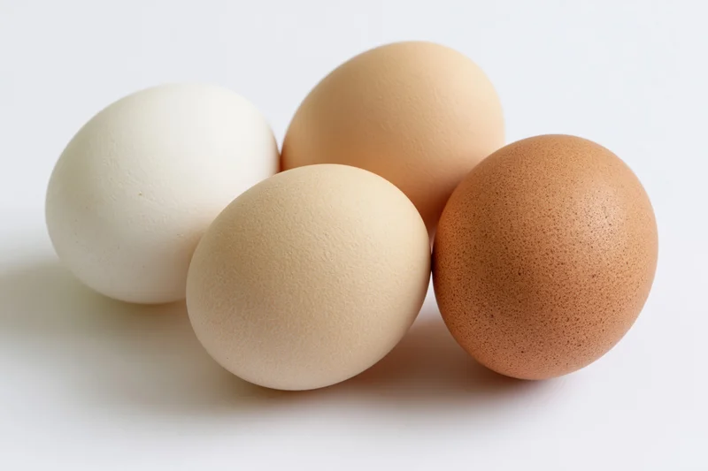 Four chicken eggs arranged loosely together on a white surface, varying in shell color from white to brown