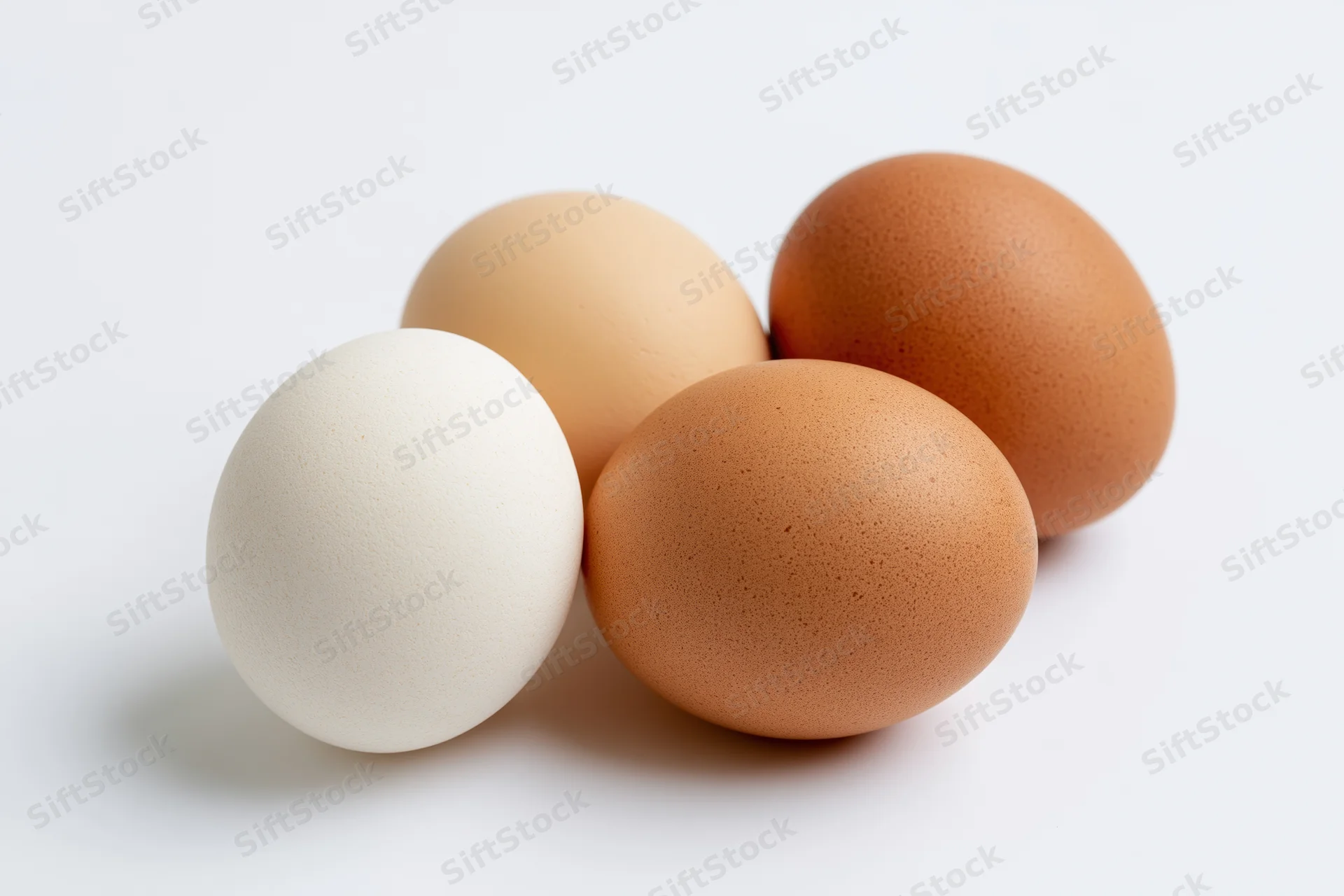 Three chicken eggs arranged loosely together on white background, one white and two brown