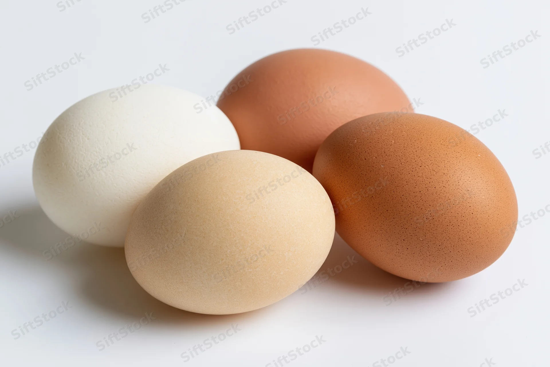 Three chicken eggs arranged loosely together on white surface, one white, one beige, two brown