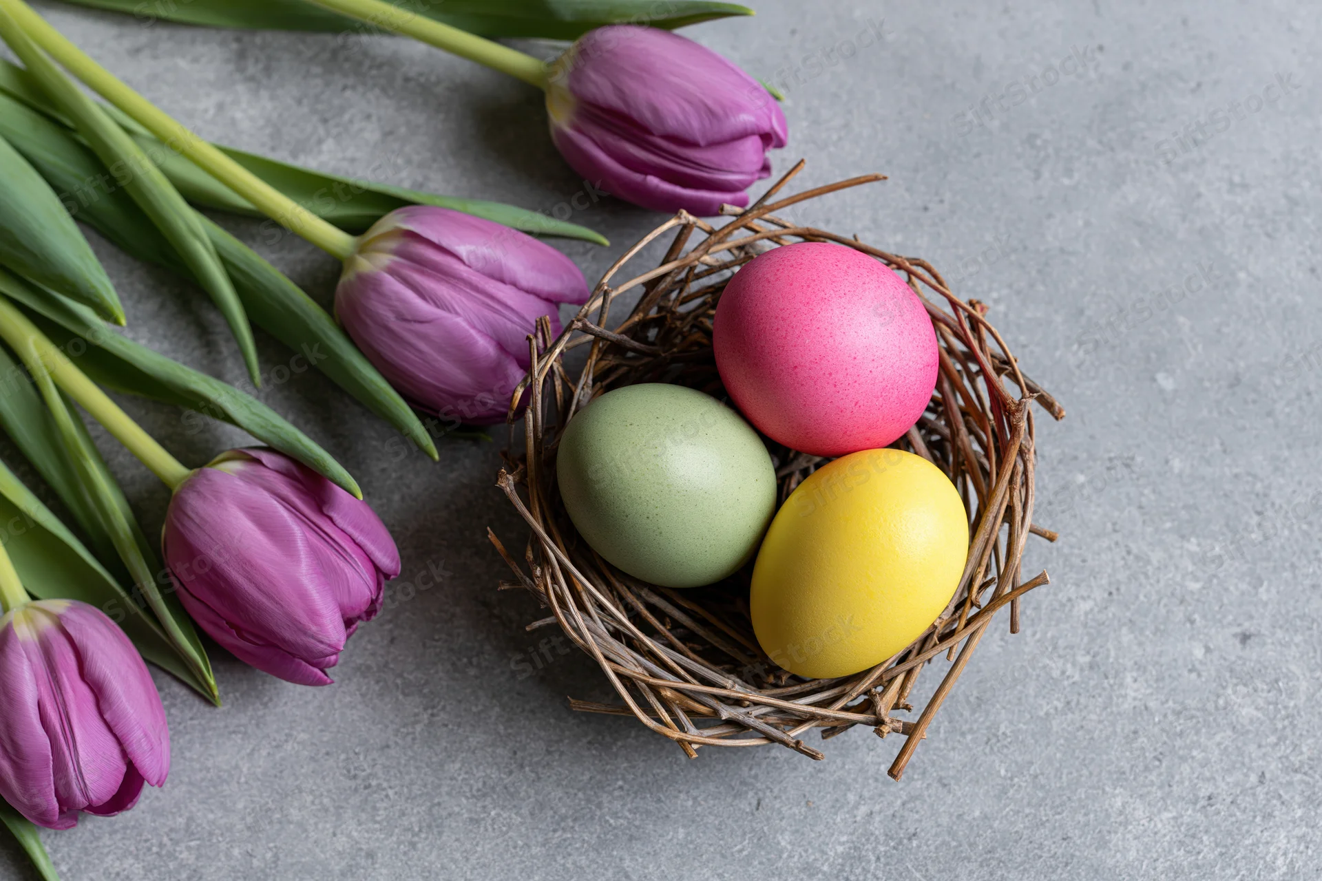 Three dyed easter eggs in green pink and yellow resting in a woven nest beside purple tulips on a gray surface