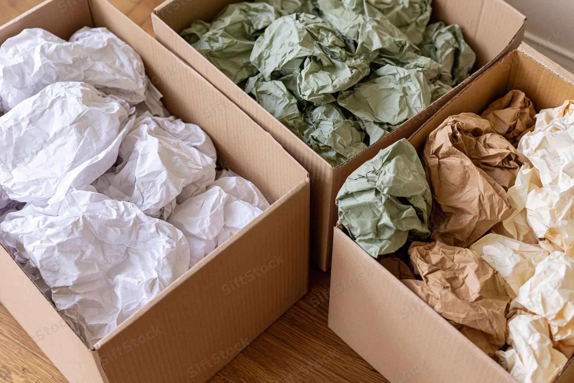 Three open cardboard shipping boxes filled with crumpled paper packing material arranged on wooden floor