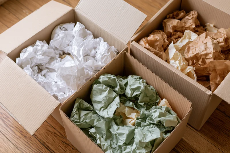 Three open cardboard shipping boxes filled with crumpled paper filler on wooden floor