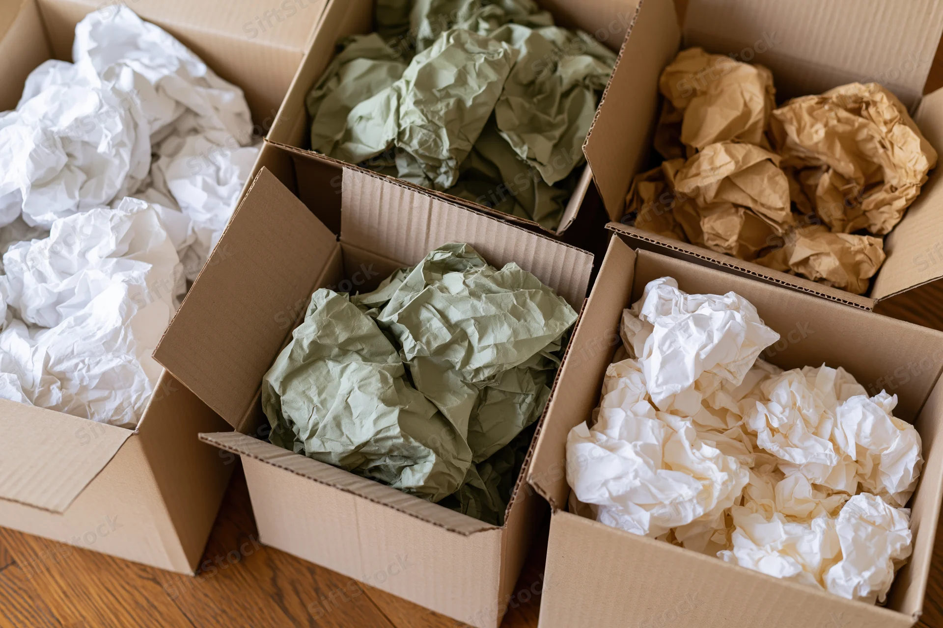 Open cardboard boxes filled with crumpled paper in various colors arranged on a wooden floor