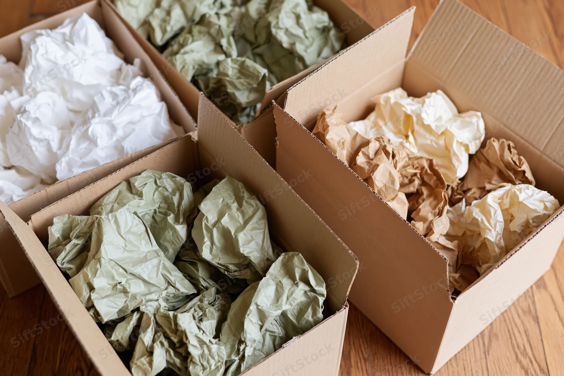 Open cardboard boxes filled with crumpled paper of different colors arranged on wooden floor