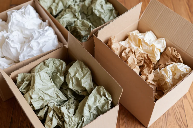 Open cardboard boxes filled with crumpled paper of different colors arranged on wooden floor