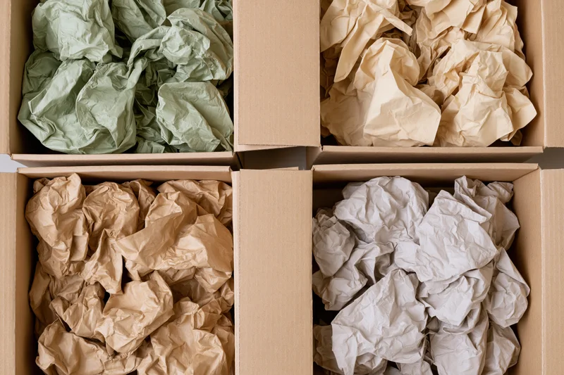 Four open cardboard boxes filled with crumpled paper in different colors arranged in a grid view