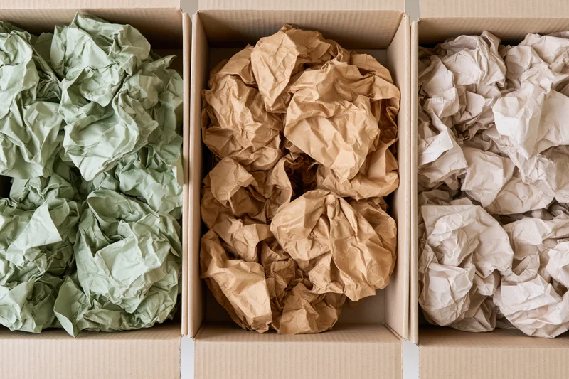 Three open cardboard boxes filled with crumpled paper in green, brown and white, arranged side by side