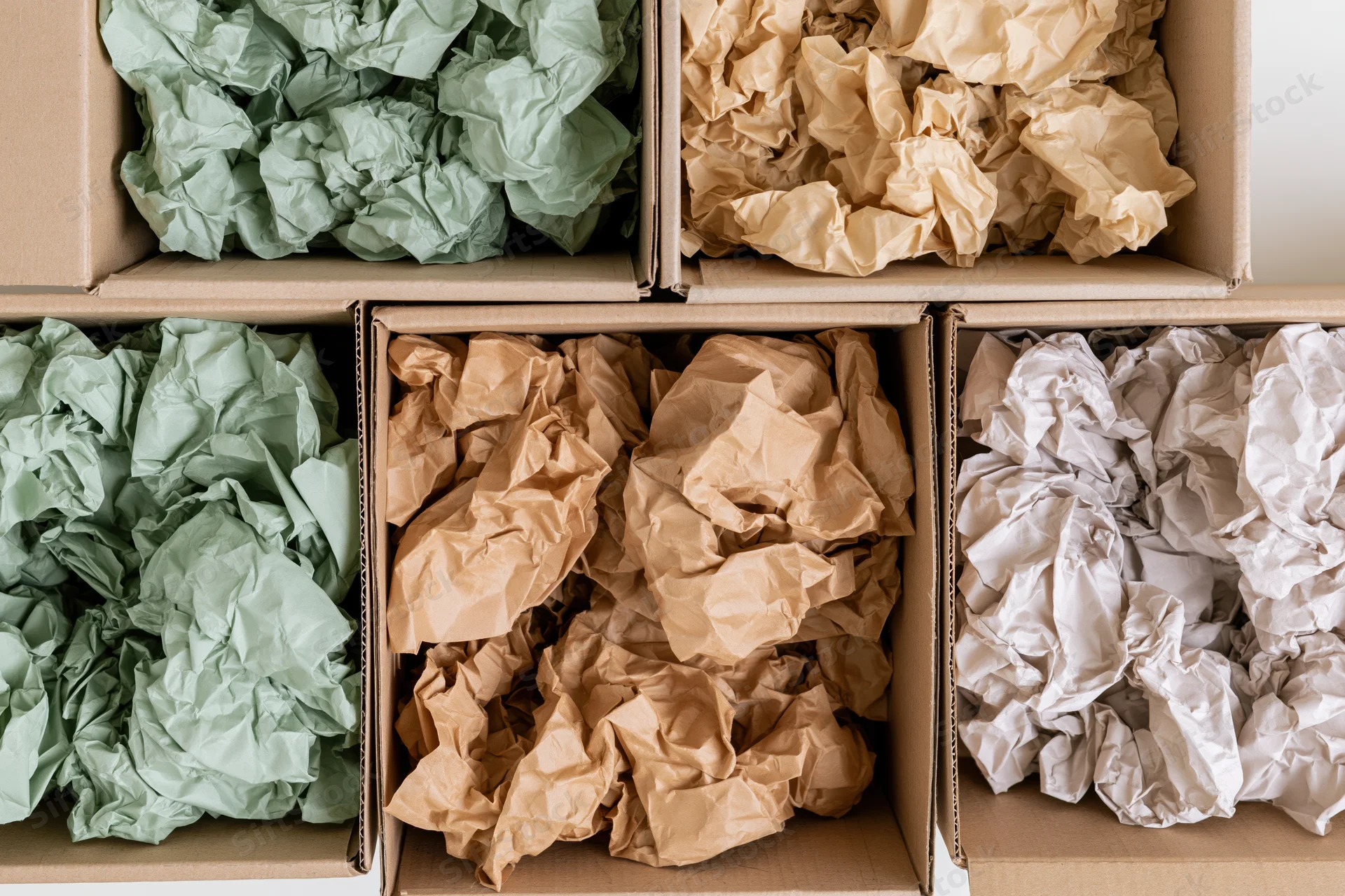 Open cardboard boxes filled with crumpled paper in green, brown and white arranged in rows