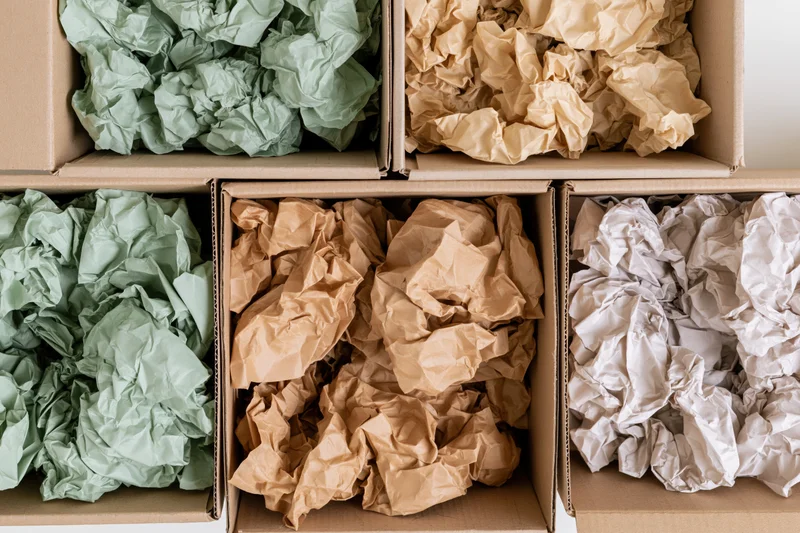 Open cardboard boxes filled with crumpled paper in green, brown and white arranged in rows