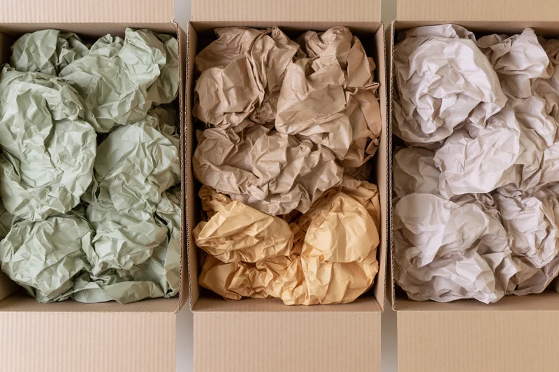 Three open cardboard boxes filled with crumpled paper in different colors arranged side by side