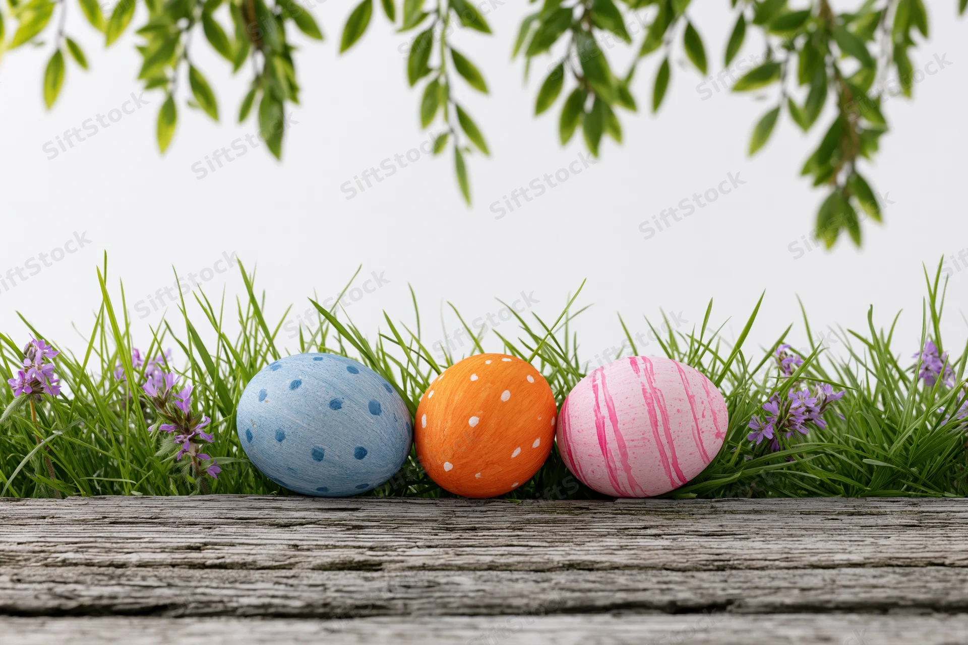Three painted easter eggs nestled in green grass on a wooden surface with foliage above