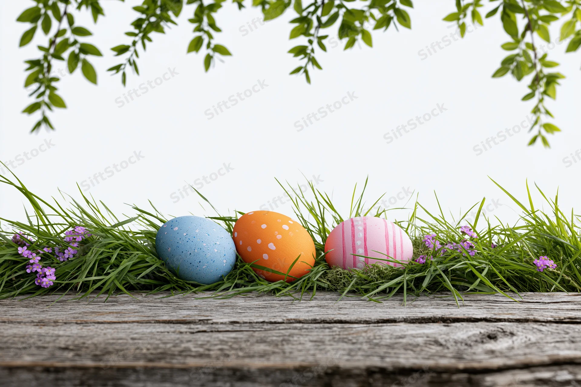 Three painted easter eggs nestled in green grass with purple flowers on a wooden surface under hanging leaves