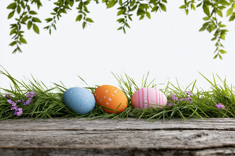 Three painted easter eggs nestled in green grass with purple flowers on a wooden surface under hanging leaves
