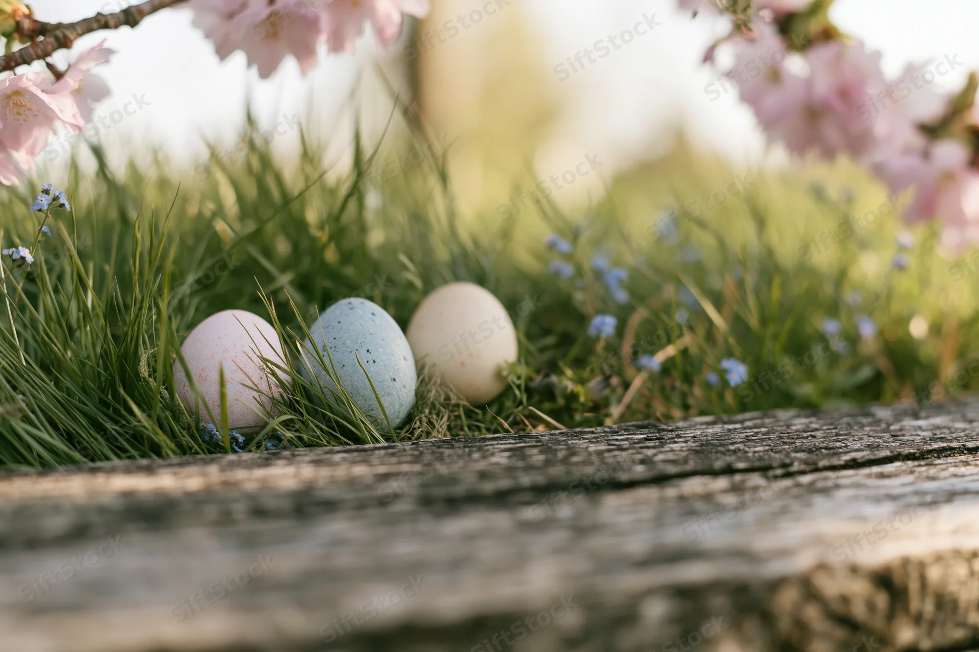 Three painted easter eggs resting in green grass beneath cherry blossoms near a wooden plank