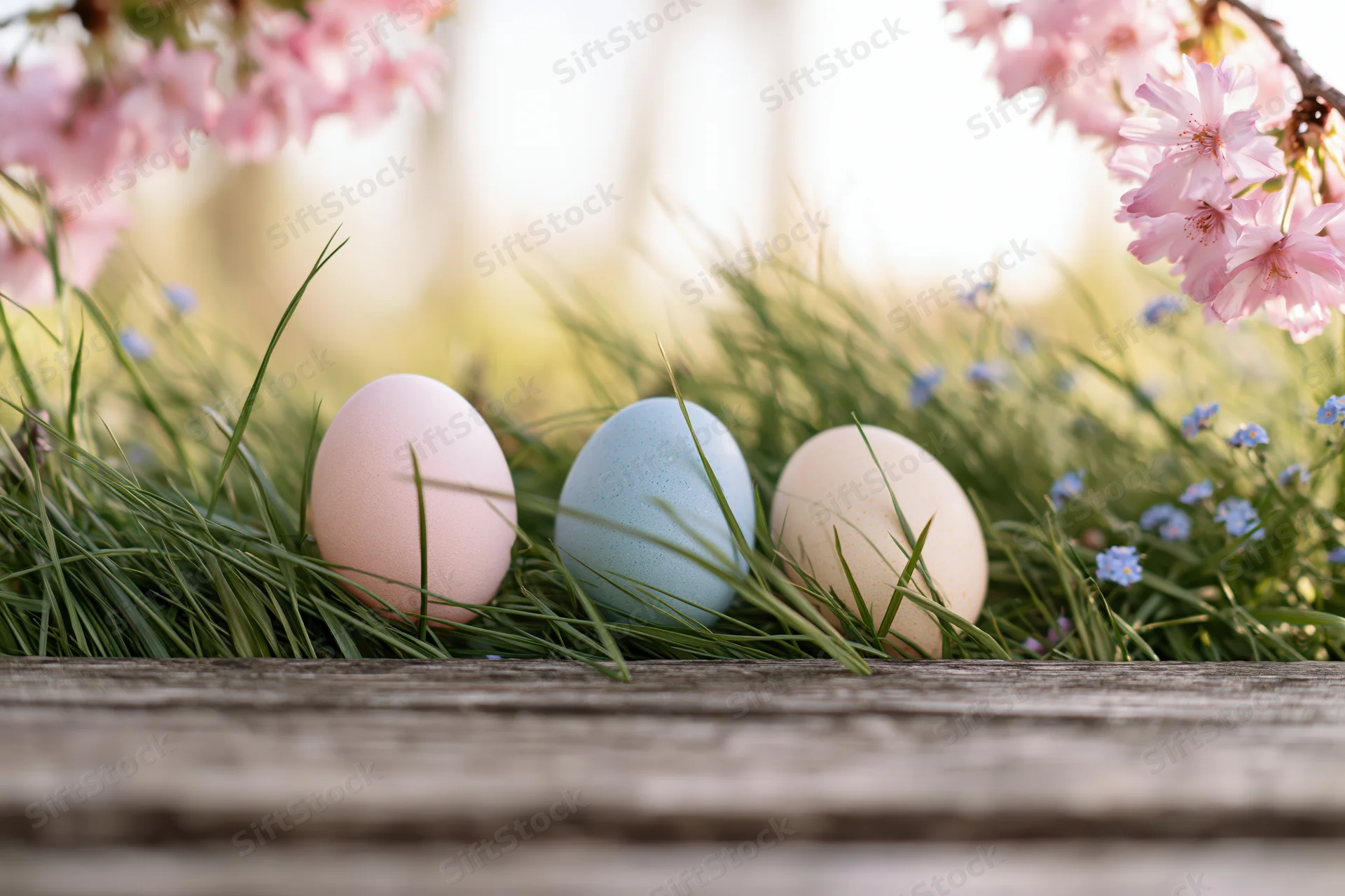Three painted easter eggs resting in green grass beneath cherry blossoms on a wooden deck