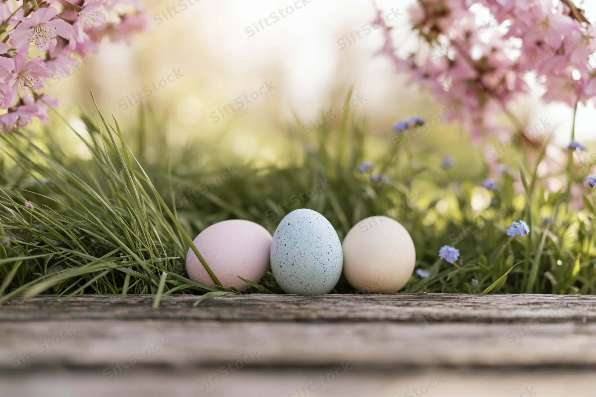 Three painted Easter eggs resting in fresh green grass with pink blossoms above, on a wooden plank in a garden setting