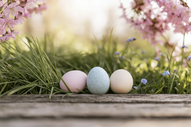 Three painted Easter eggs resting in fresh green grass with pink blossoms above, on a wooden plank in a garden setting