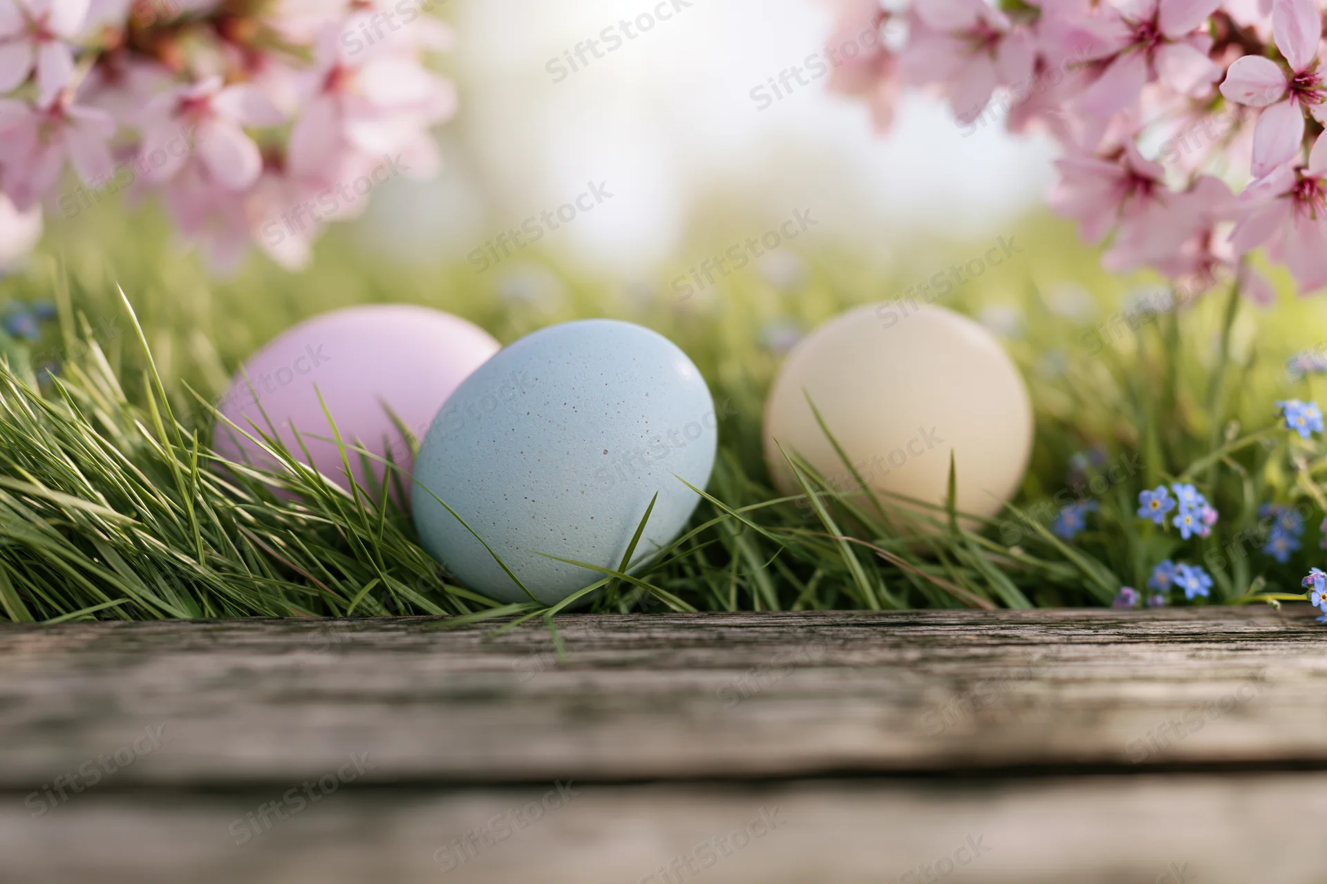 Three painted easter eggs resting in fresh green grass with pink blossoms above and wooden surface in foreground