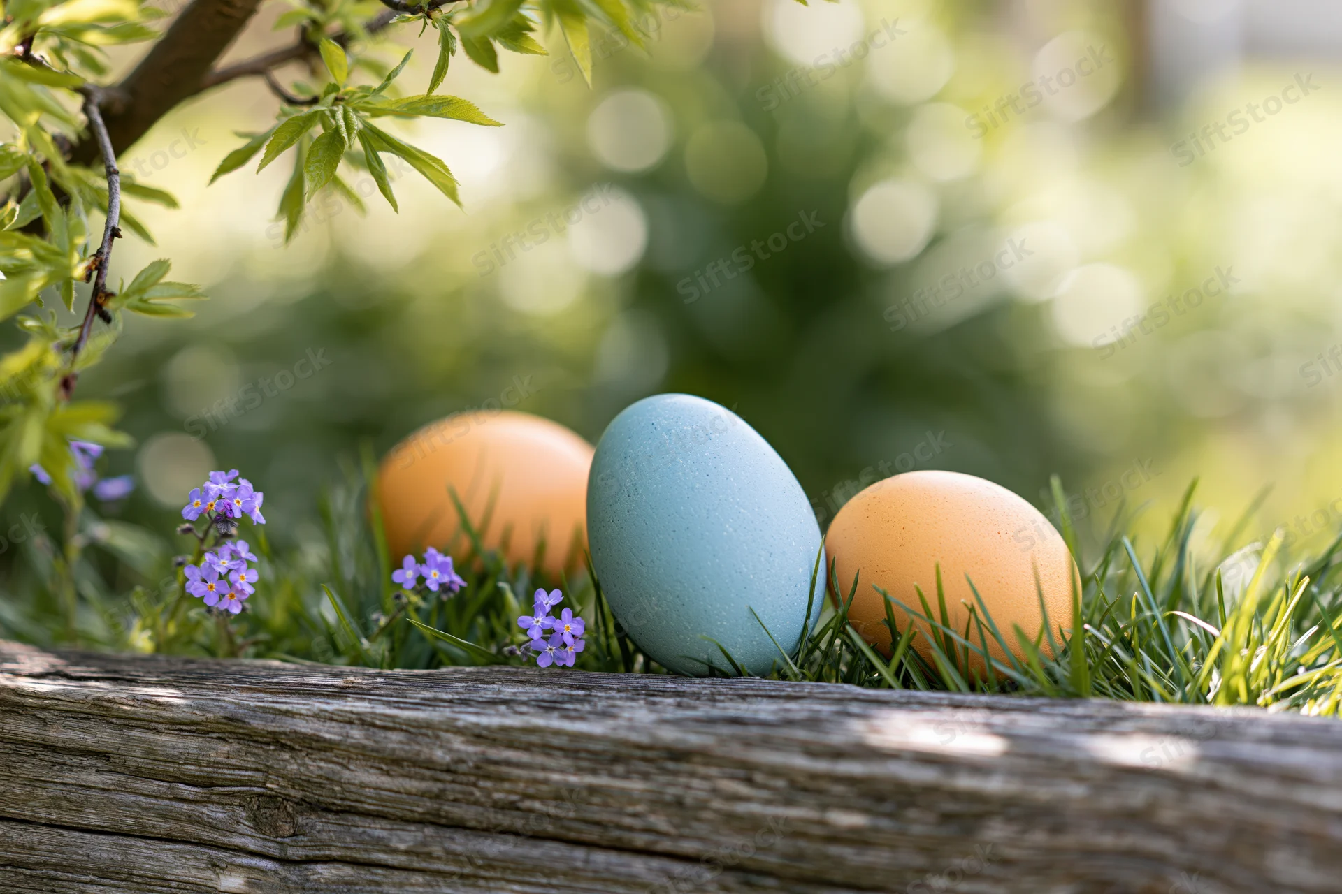 Three painted easter eggs resting in green grass near a wooden log with small purple flowers and leafy branches above