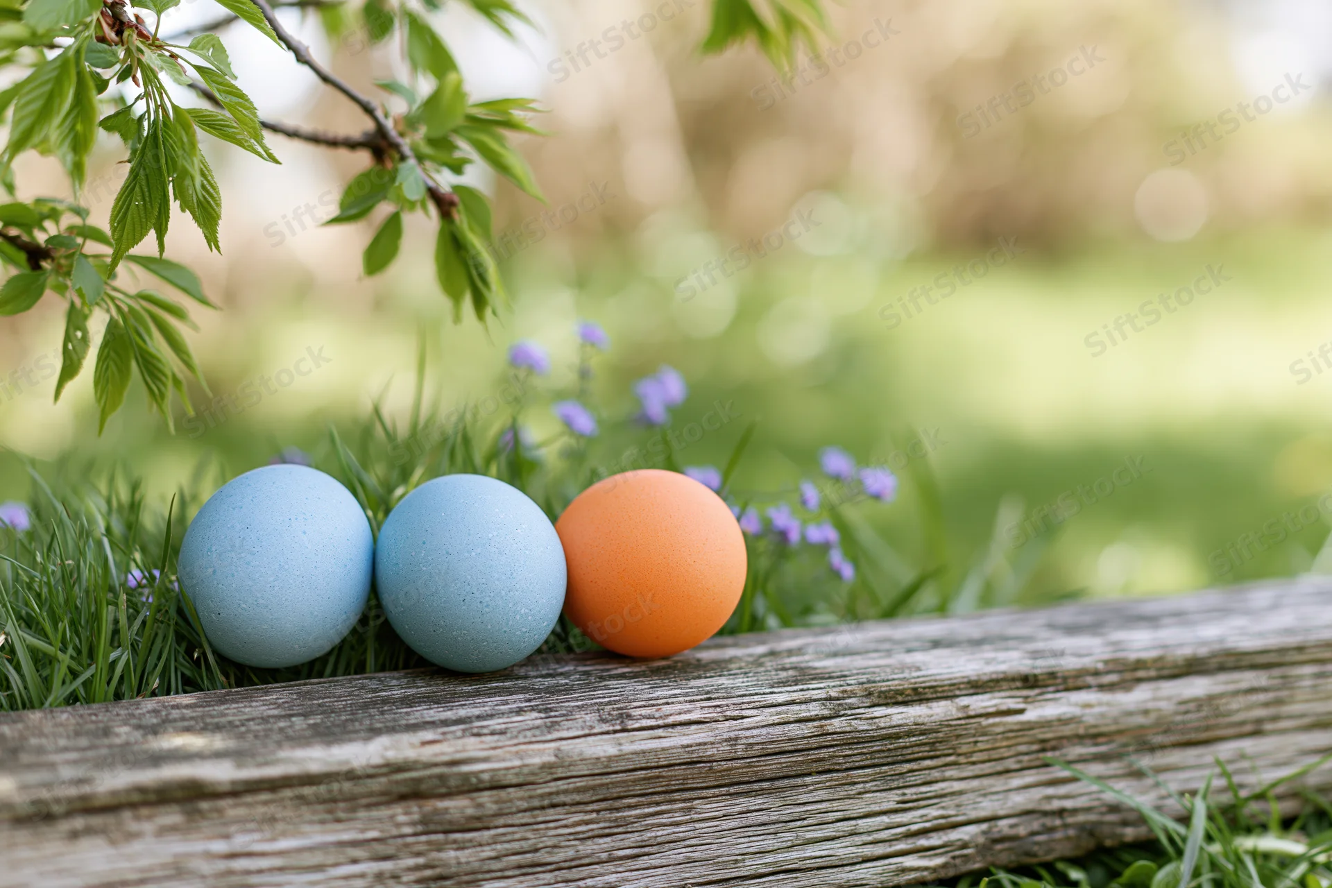 Three painted easter eggs resting in green grass beside a wooden fence with blooming flowers and tree branches overhead
