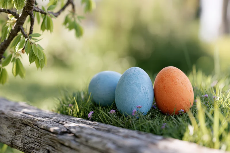 Three painted easter eggs resting in green grass near a wooden log and tree branch