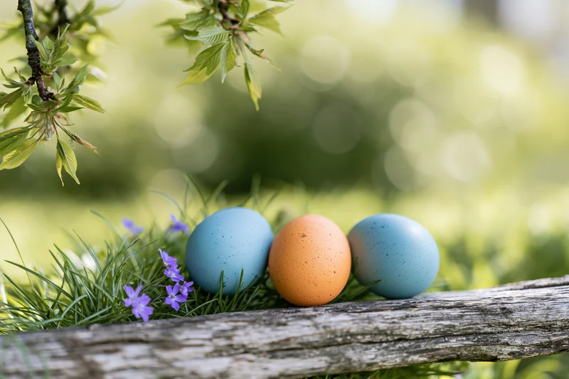 Three painted easter eggs resting in green grass beside a wooden log with purple flowers and leafy branches above