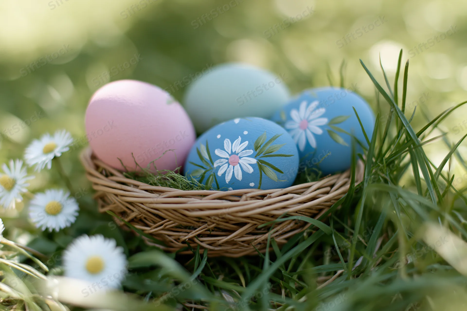 Pastel-painted easter eggs in a woven basket nestled in green grass with daisies nearby