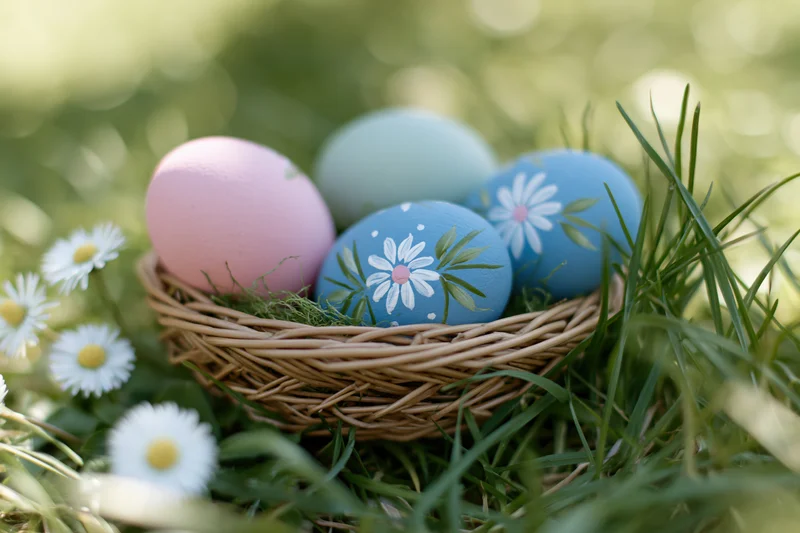 Pastel-painted easter eggs in a woven basket nestled in green grass with daisies nearby