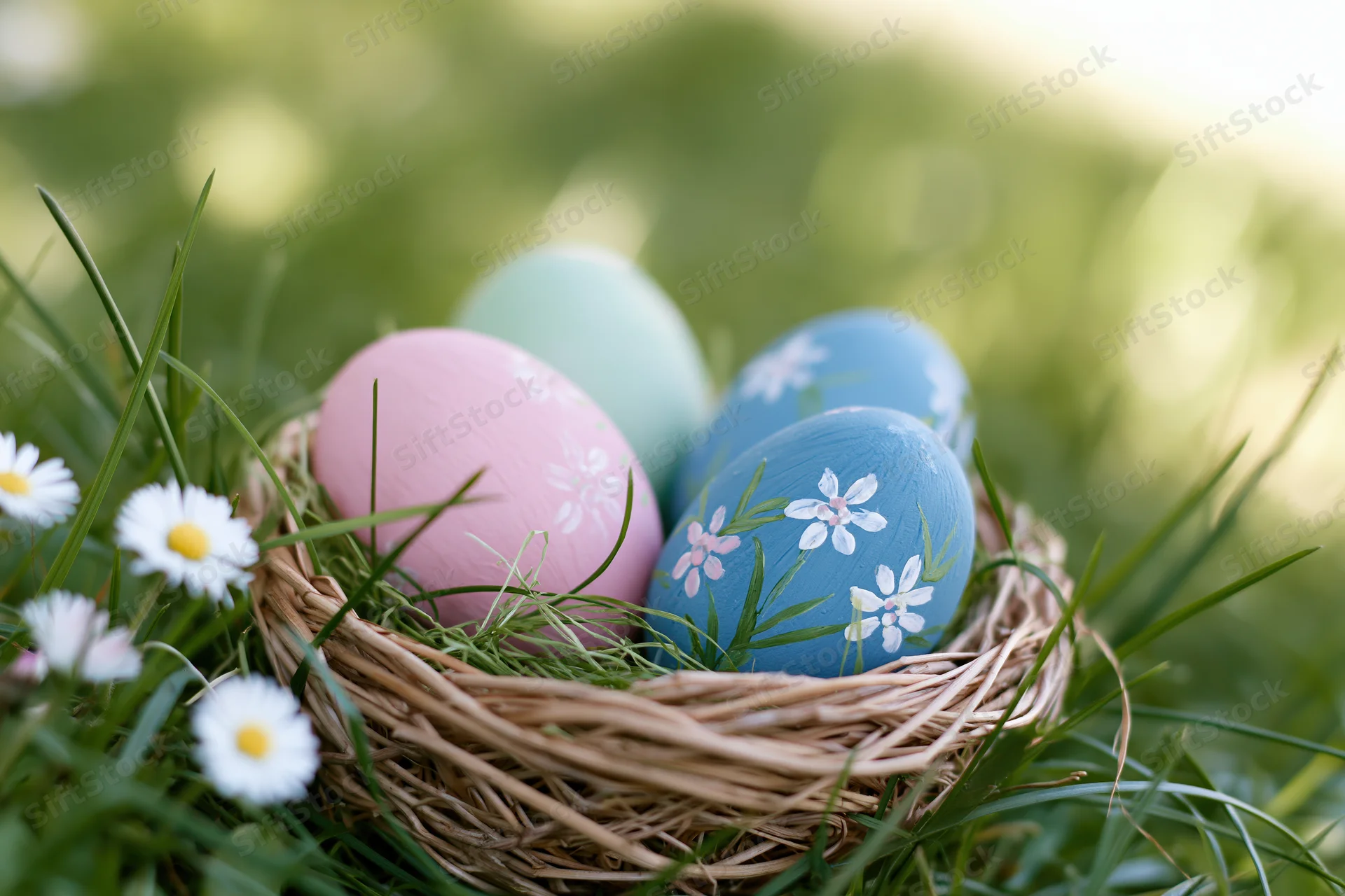 Pastel-painted easter eggs with floral designs in a wicker nest surrounded by grass and daisies