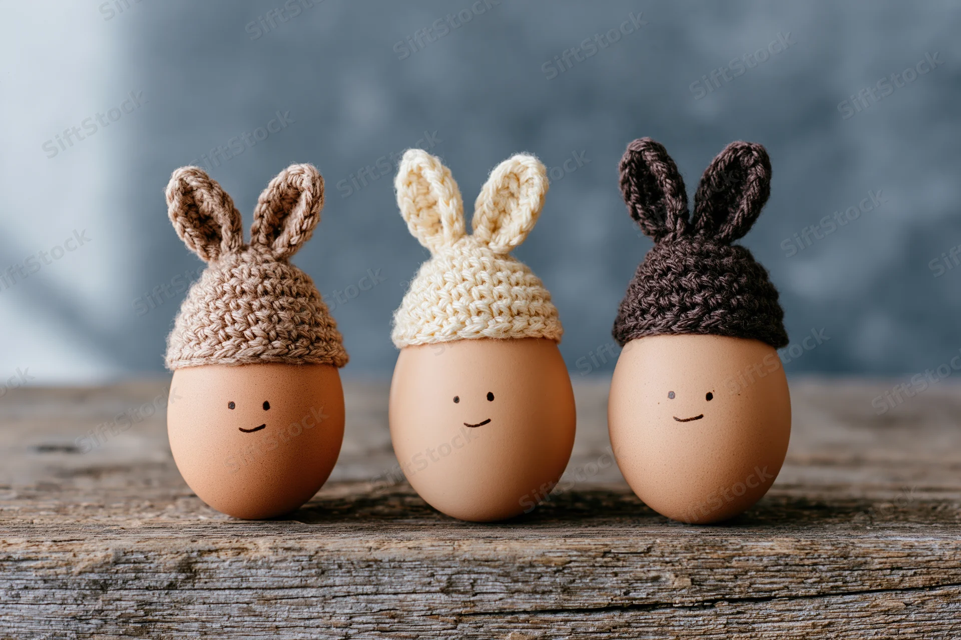 Three brown eggs with hand-crocheted bunny hats and drawn smiles arranged in a row on a rustic wooden surface
