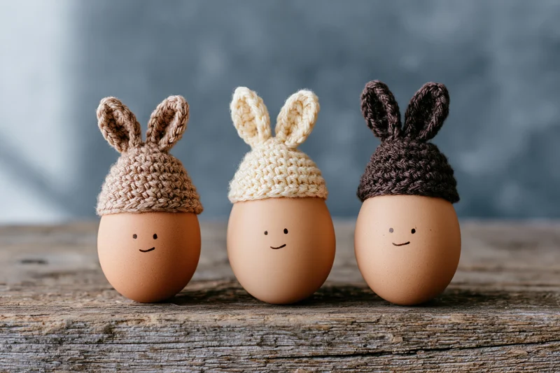 Three brown eggs with hand-crocheted bunny hats and drawn smiles arranged in a row on a rustic wooden surface