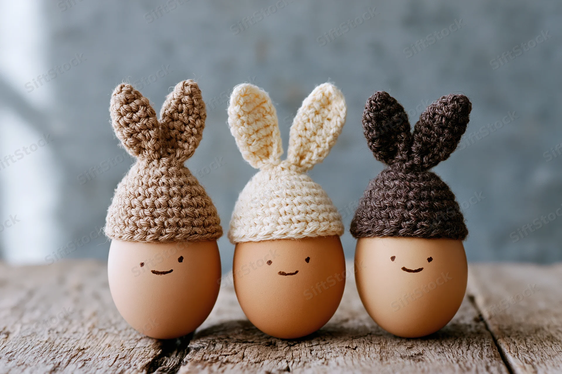 Three eggs wearing crocheted bunny hats arranged on a wooden surface