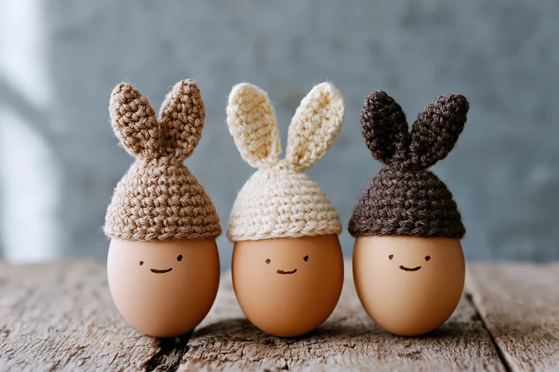 Three eggs wearing crocheted bunny hats arranged on a wooden surface
