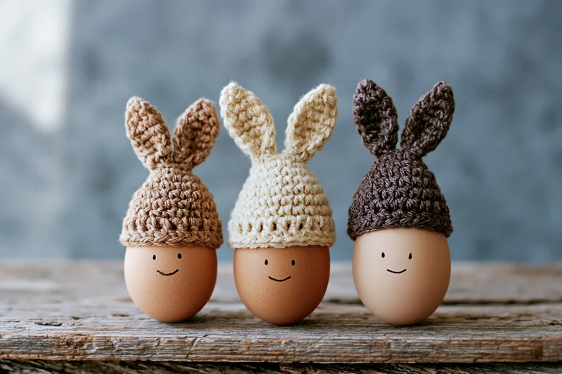 Three chicken eggs wearing crocheted bunny hats arranged in a row on a wooden table
