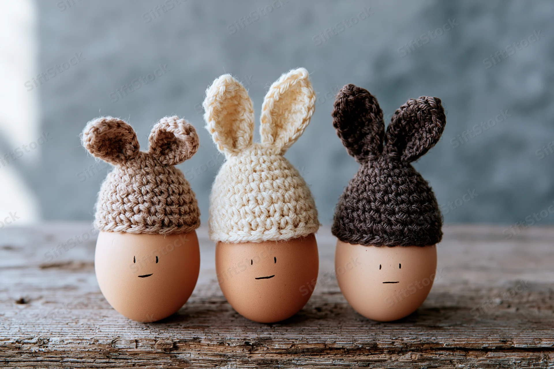 Three chicken eggs wearing crocheted bunny hats arranged in a row on a rustic wooden table