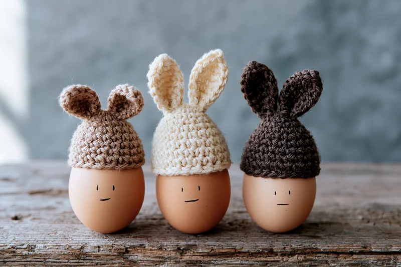 Three chicken eggs wearing crocheted bunny hats arranged in a row on a rustic wooden table