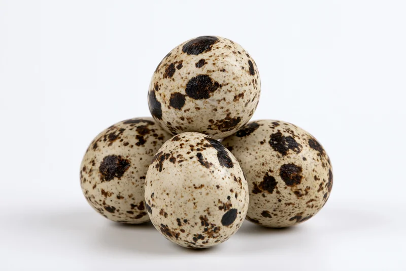 Quail eggs arranged in a loose pyramid on a white surface