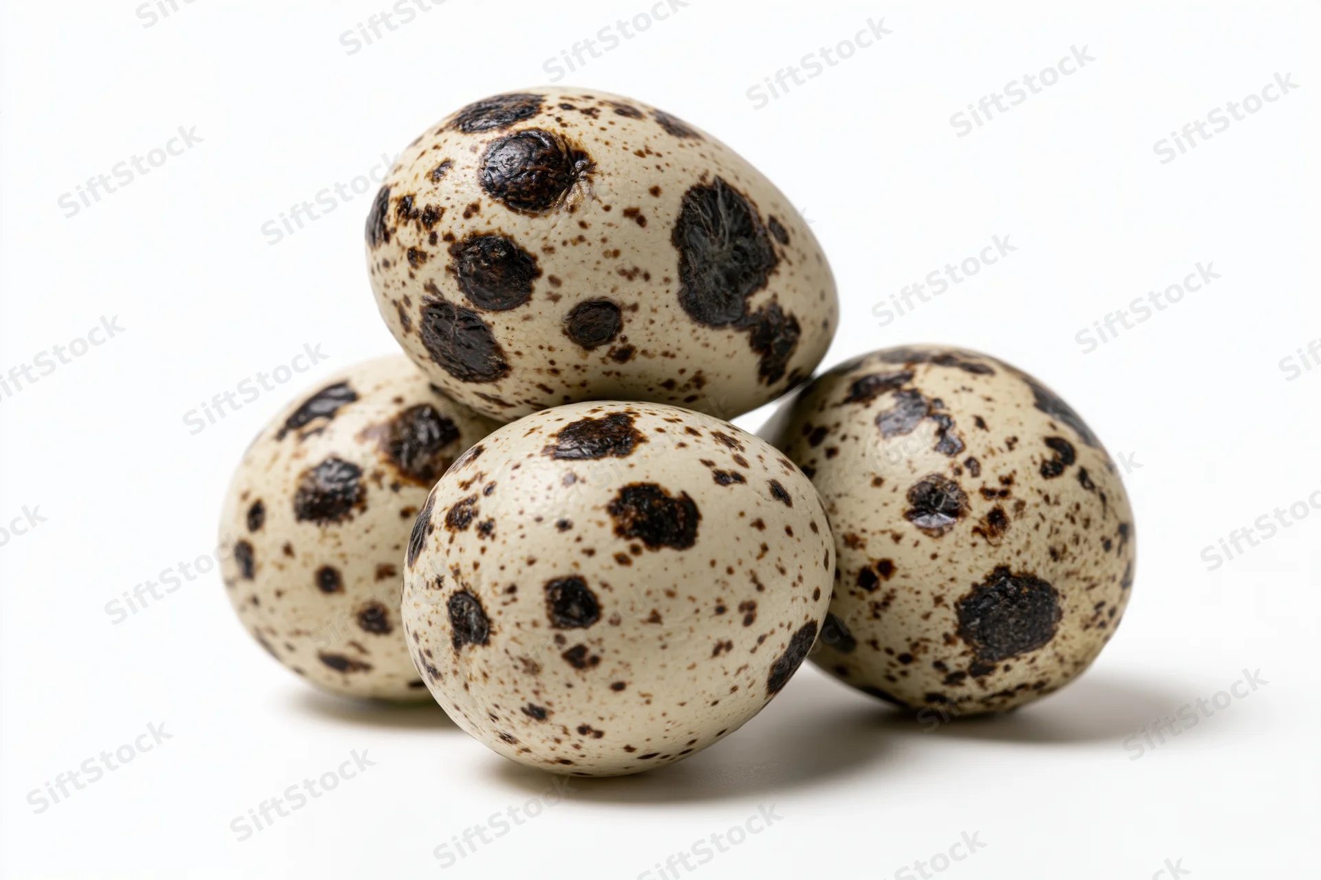 Quail eggs arranged in a loose pyramid on a white surface
