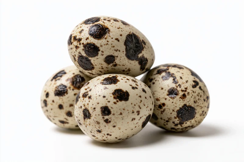 Quail eggs arranged in a loose pyramid on a white surface