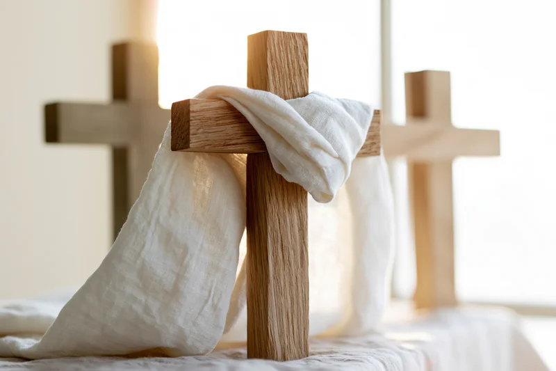 Three wooden crosses arranged in a row with a white linen cloth draped over the center cross on a table