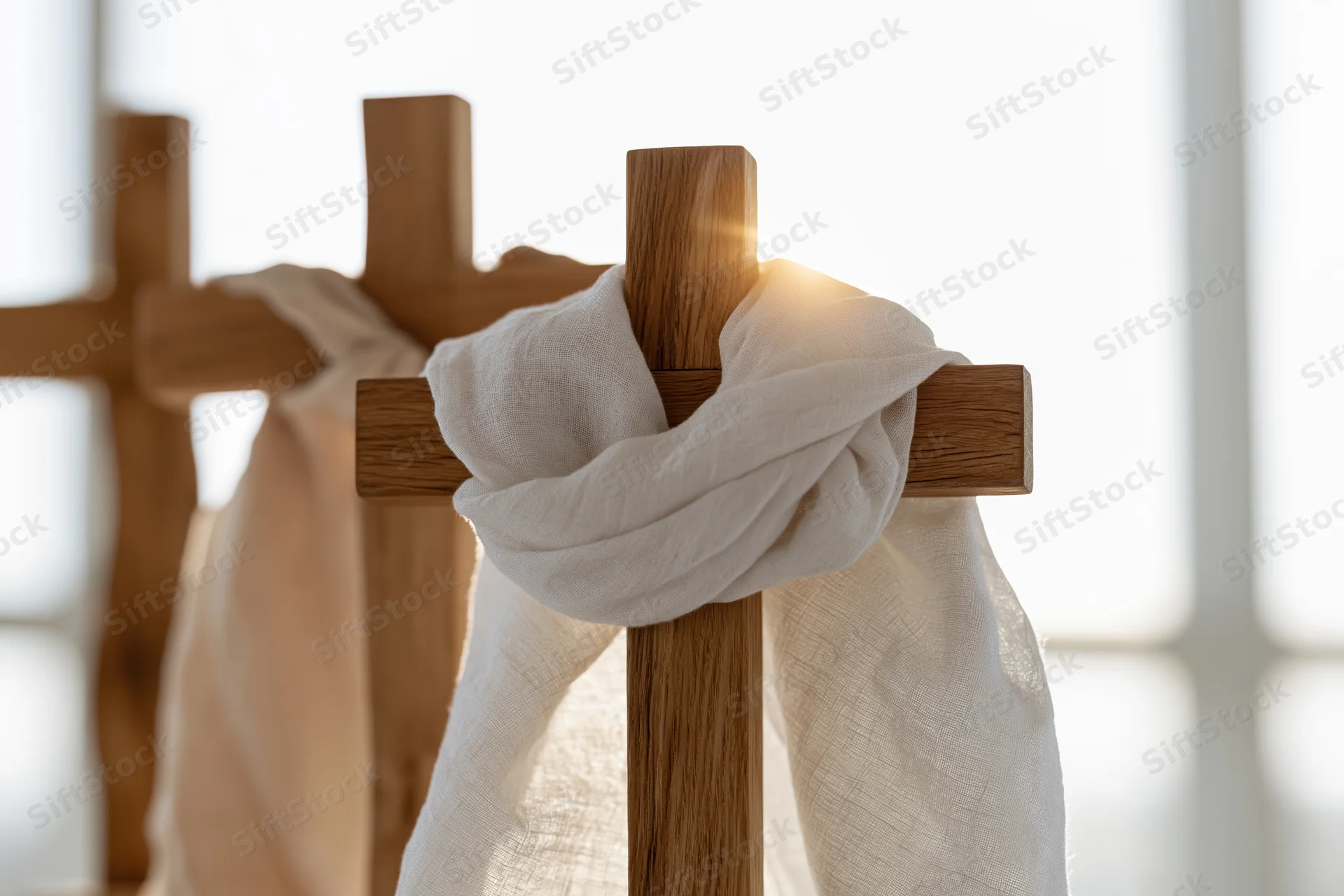 Wooden cross with white linen cloth draped over it in a bright room