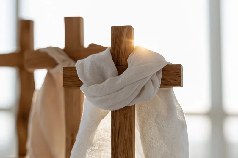 Wooden cross with white linen cloth draped over it in a bright room