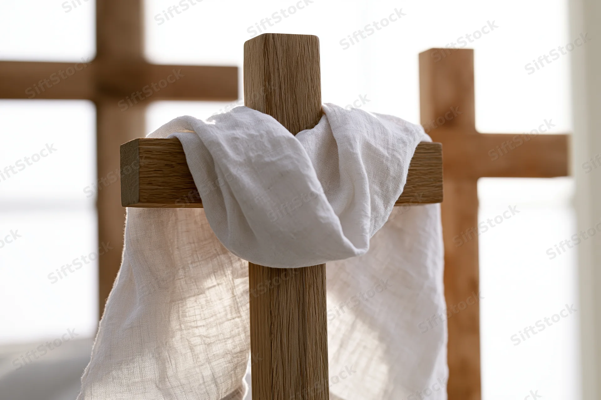 Wooden cross with white cloth draped over it in a row of three crosses, softly lit interior setting