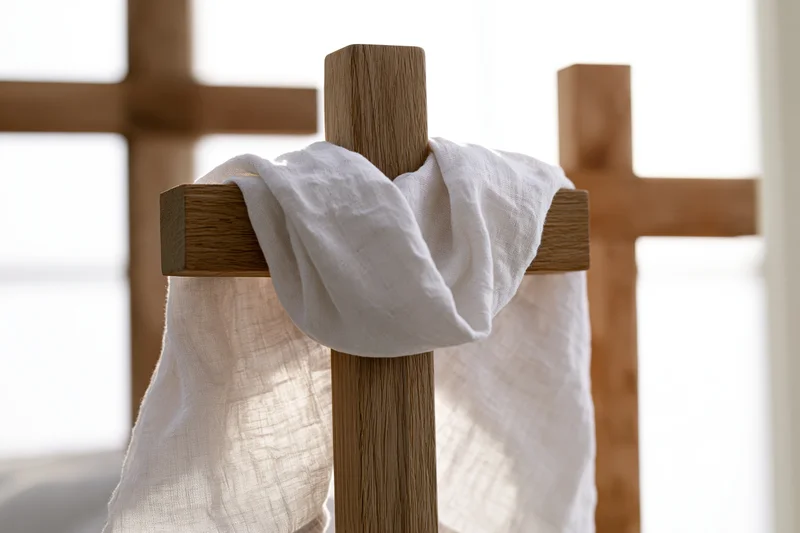 Wooden cross with white cloth draped over it in a row of three crosses, softly lit interior setting