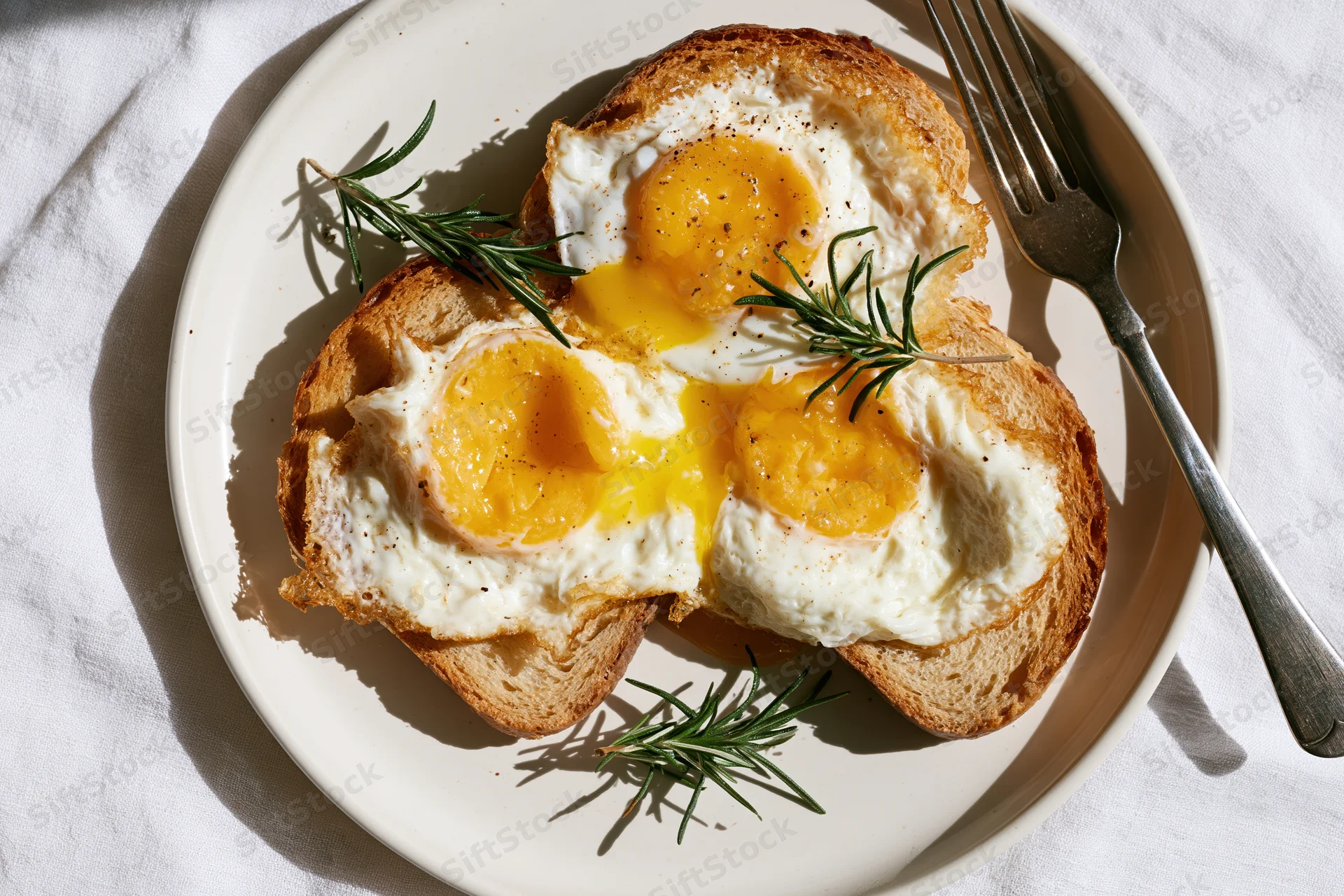 Three sunny-side-up eggs on toasted bread slices arranged on a plate with rosemary garnish and a fork beside it