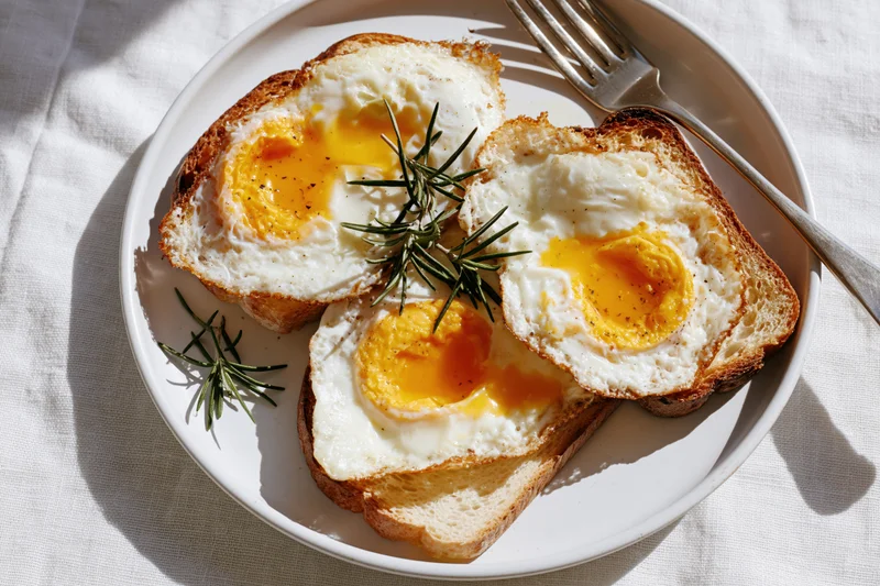 Three sunny-side-up eggs on toasted bread slices arranged on a white plate with rosemary garnish and a fork beside them