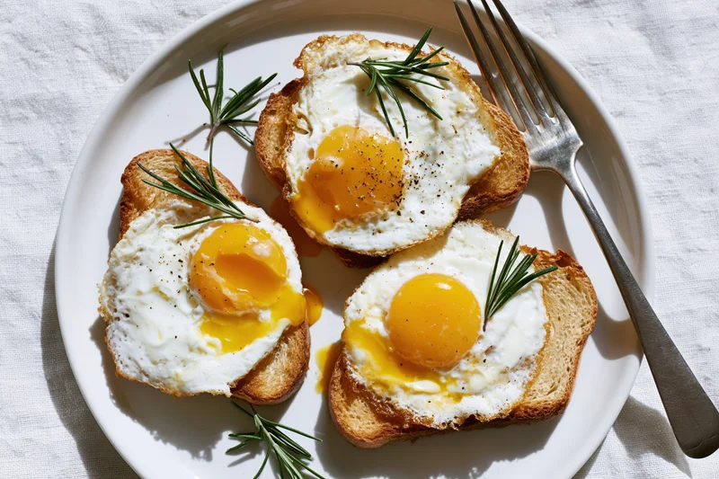 Three sunny-side-up eggs on toasted bread slices arranged on a white plate with rosemary garnish and a fork beside them