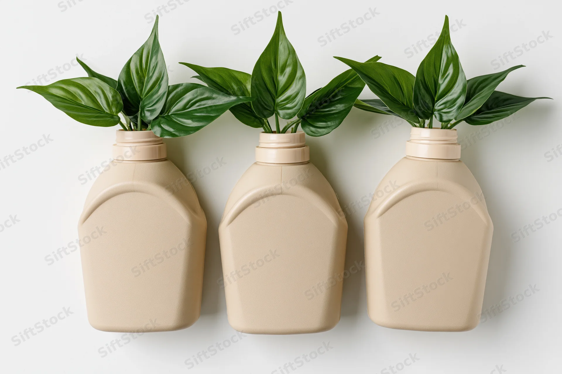 Three beige plastic detergent bottles arranged in a row with green plants growing from their openings against a white background