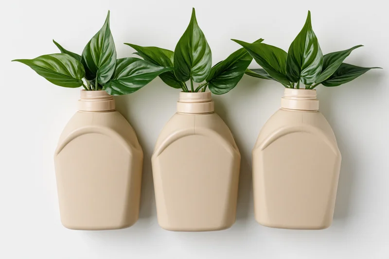 Three beige plastic detergent bottles arranged in a row with green plants growing from their openings against a white background